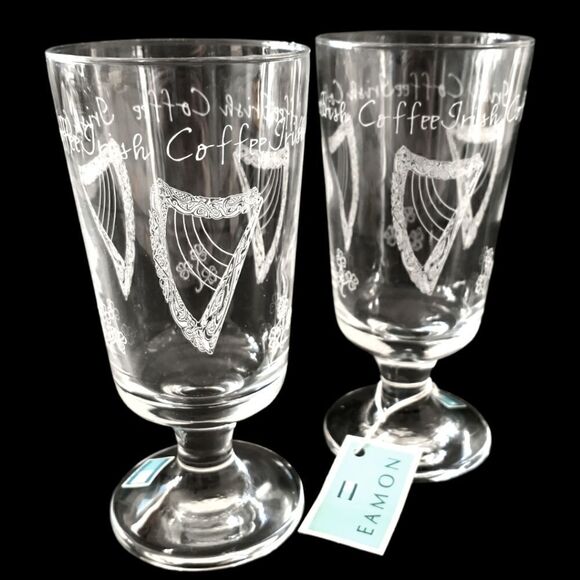 Eamon Irish Coffee Glass Set Pair Stemmed Etched Harp Shamrocks Hand Etched. - Picture 4 of 16